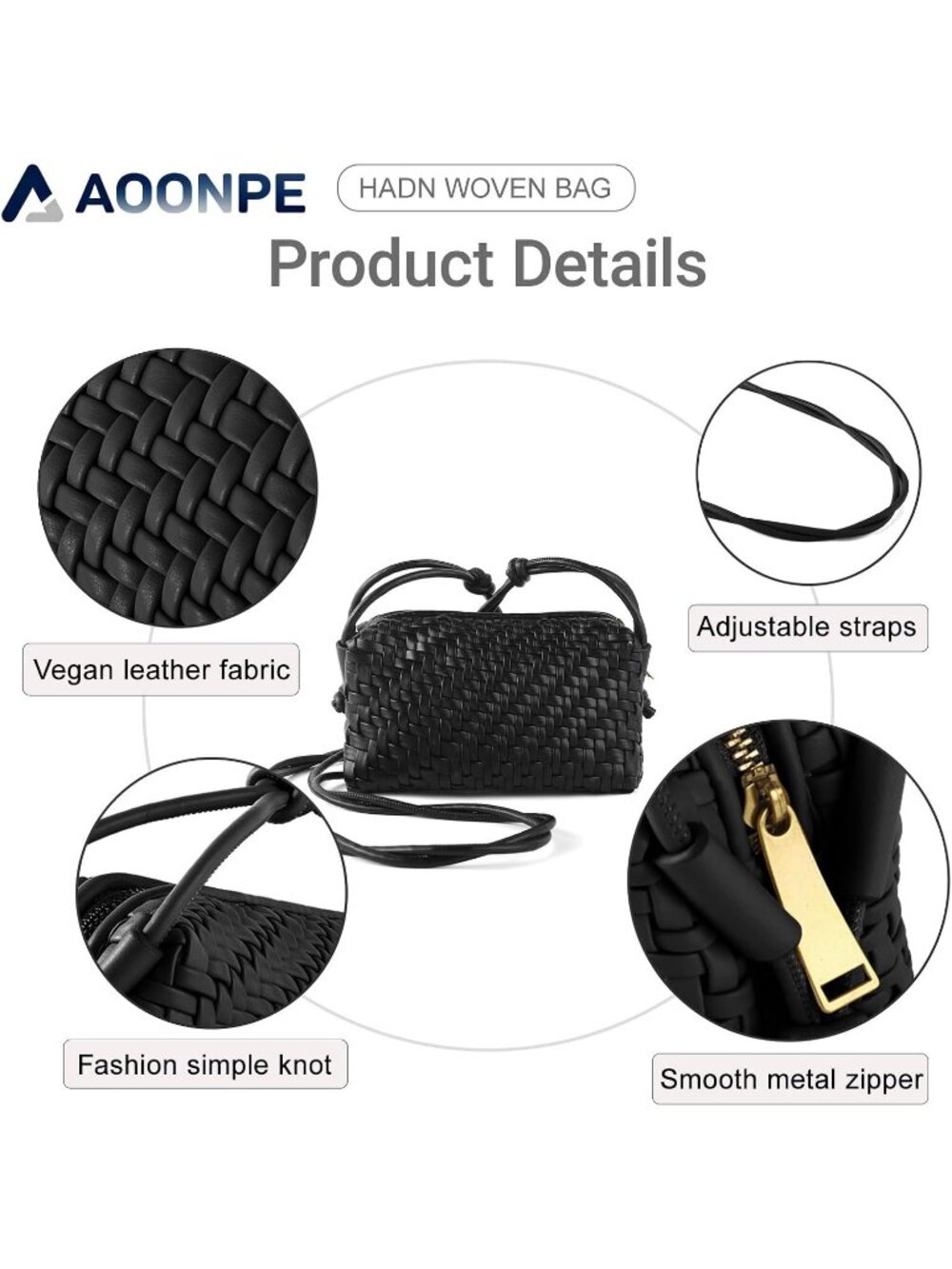 Women's Black Small Woven Vegan Leather Zipper Imported Crossbody Bag - Picture 5 of 6